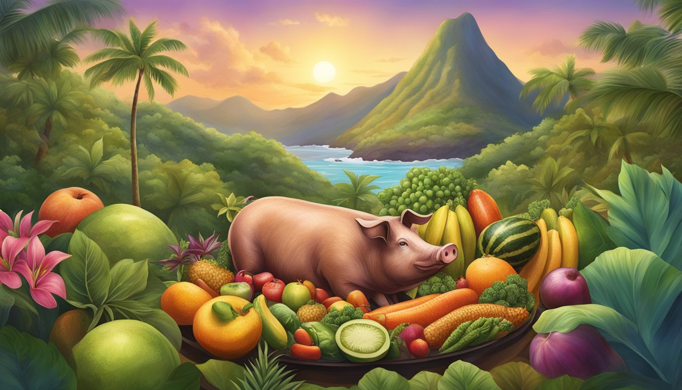 A traditional Hawaiian imu pit roasting a whole pig surrounded by tropical fruits and vegetables