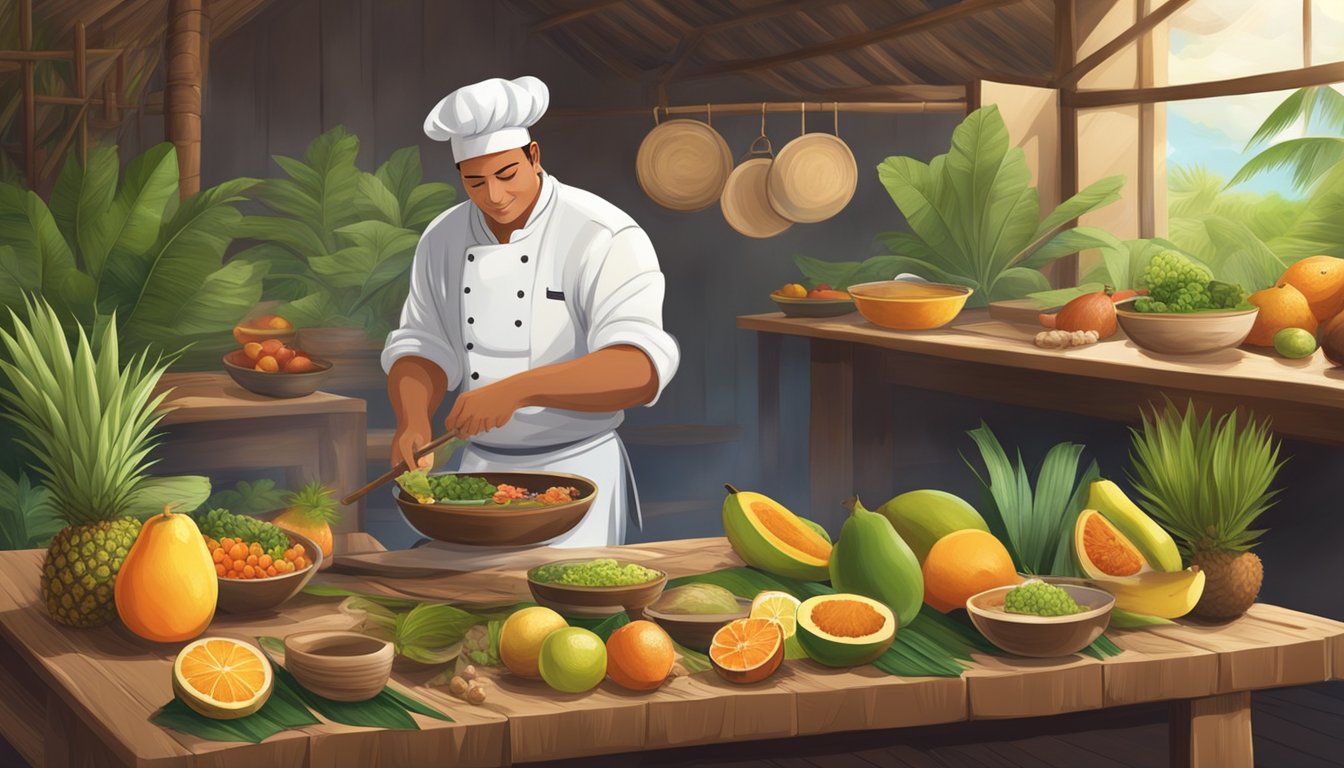 A chef preparing traditional Hawaiian dishes using local ingredients in a rustic kitchen with tropical fruits and traditional cooking tools