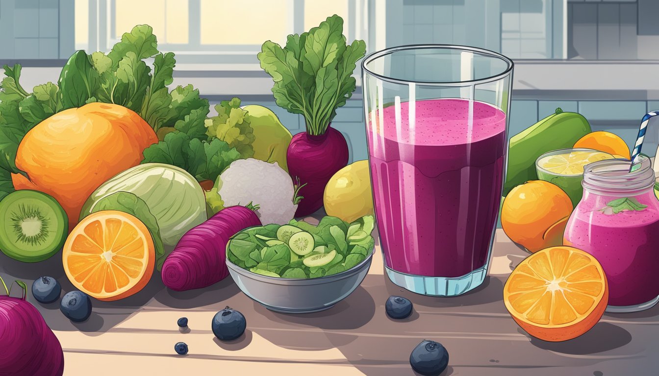 A colorful beet and citrus smoothie being poured into a glass surrounded by various leftover vegetables and fruits on a kitchen counter