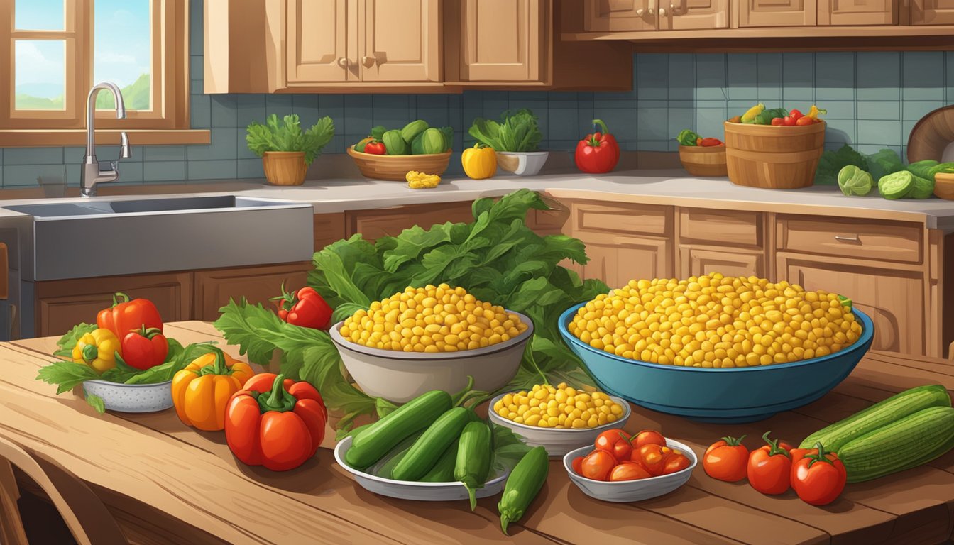 A rustic kitchen table with a basket of sweet corn muffins surrounded by colorful leftover vegetables like bell peppers, zucchinis, and tomatoes