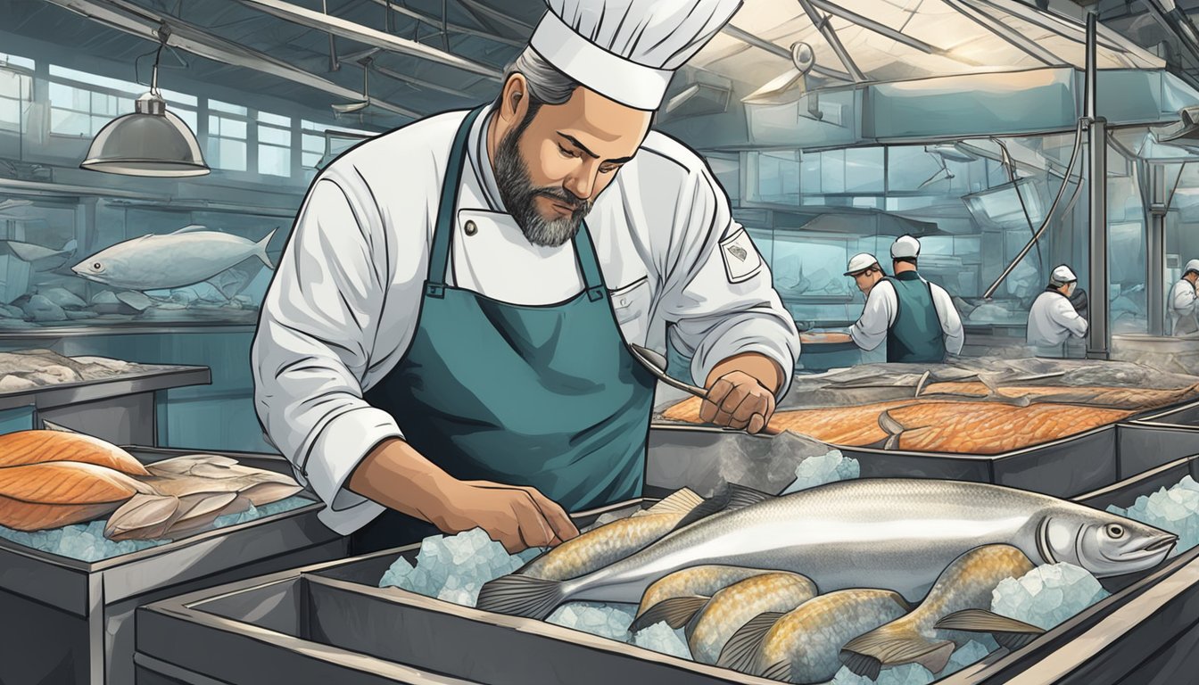 A chef carefully inspects a fresh halibut at the fish market, surrounded by ice and other seafood