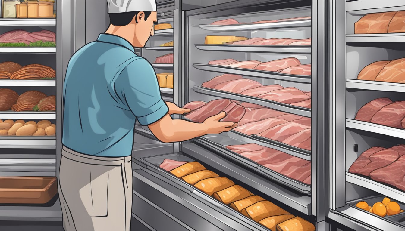 A hand reaching into a grocery store cooler, selecting a perfectly glazed ham. The oven door is open, ready for cooking