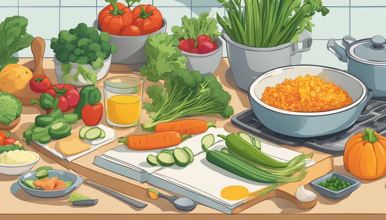 A kitchen counter with a variety of colorful vegetables being chopped and prepared for breakfast. A cookbook open to a page of breakfast recipes sits nearby