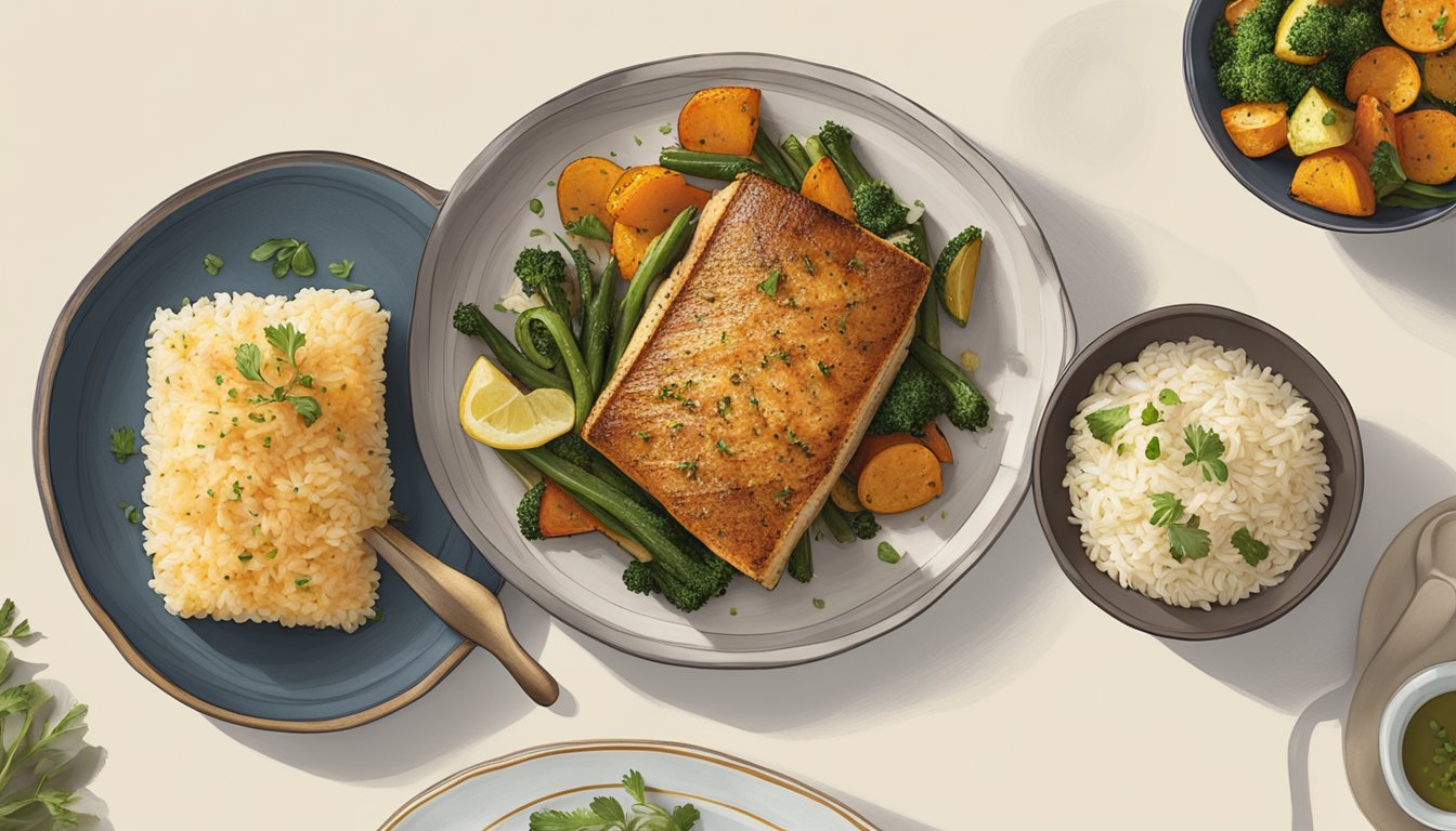 A platter of roasted vegetables and a bowl of seasoned rice next to a golden-brown baked halibut on a serving dish