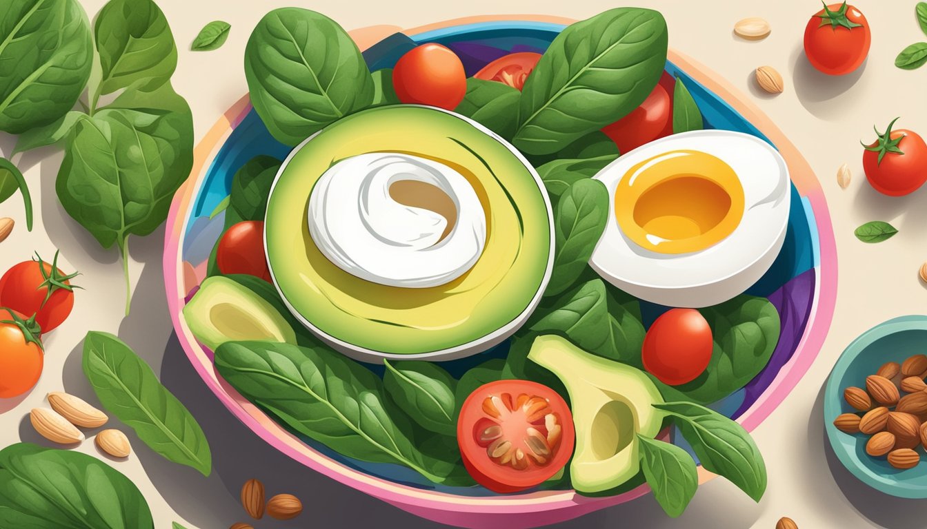 A colorful bowl filled with spinach, avocado slices, and a perfectly poached egg, surrounded by vibrant ingredients like tomatoes and nuts