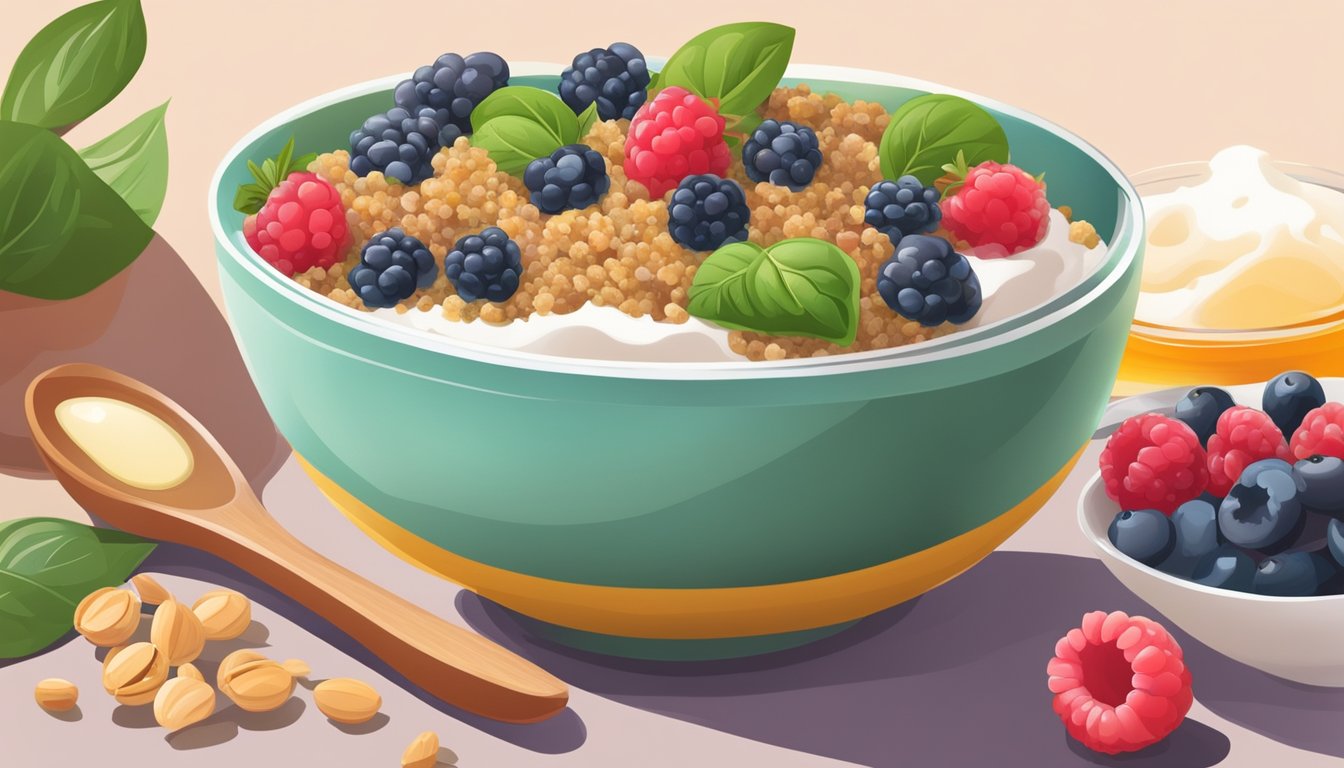 A colorful bowl filled with quinoa, mixed berries, and a dollop of yogurt, surrounded by fresh ingredients like spinach, nuts, and honey