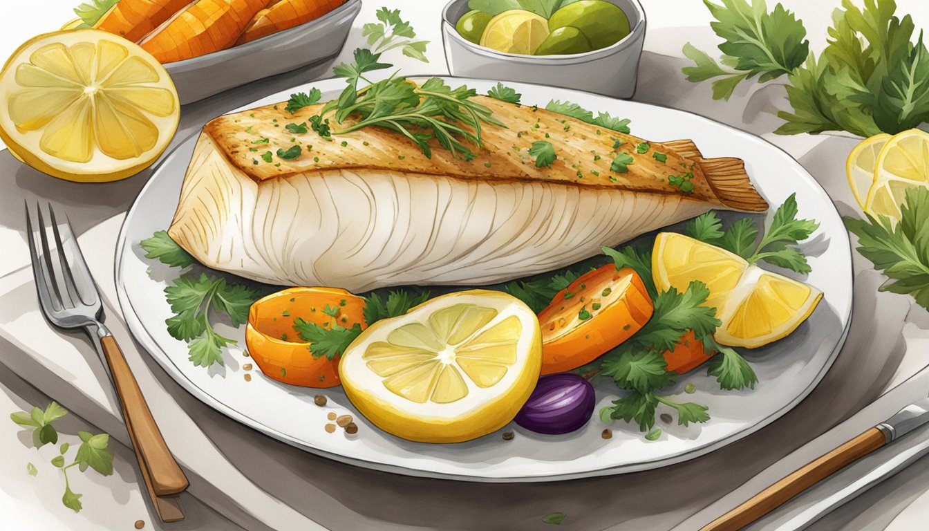 A golden-brown halibut fillet rests on a bed of vibrant, roasted vegetables, surrounded by fresh herbs and lemon slices, served on a white ceramic plate