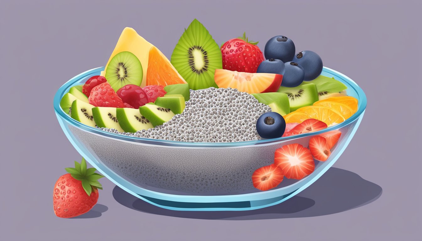 A glass bowl of chia seed pudding topped with colorful fresh fruits, surrounded by a variety of vibrant breakfast salads