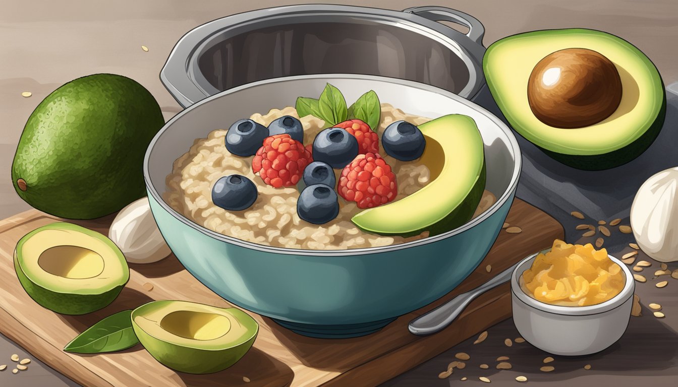 A steaming bowl of steel-cut oatmeal topped with sliced avocado, surrounded by an Instant Pot and other breakfast ingredients