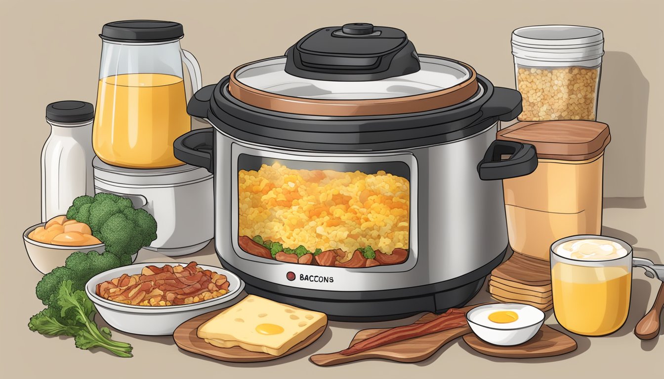 A steaming Instant Pot filled with egg casserole, bacon, and cheese surrounded by other breakfast ingredients