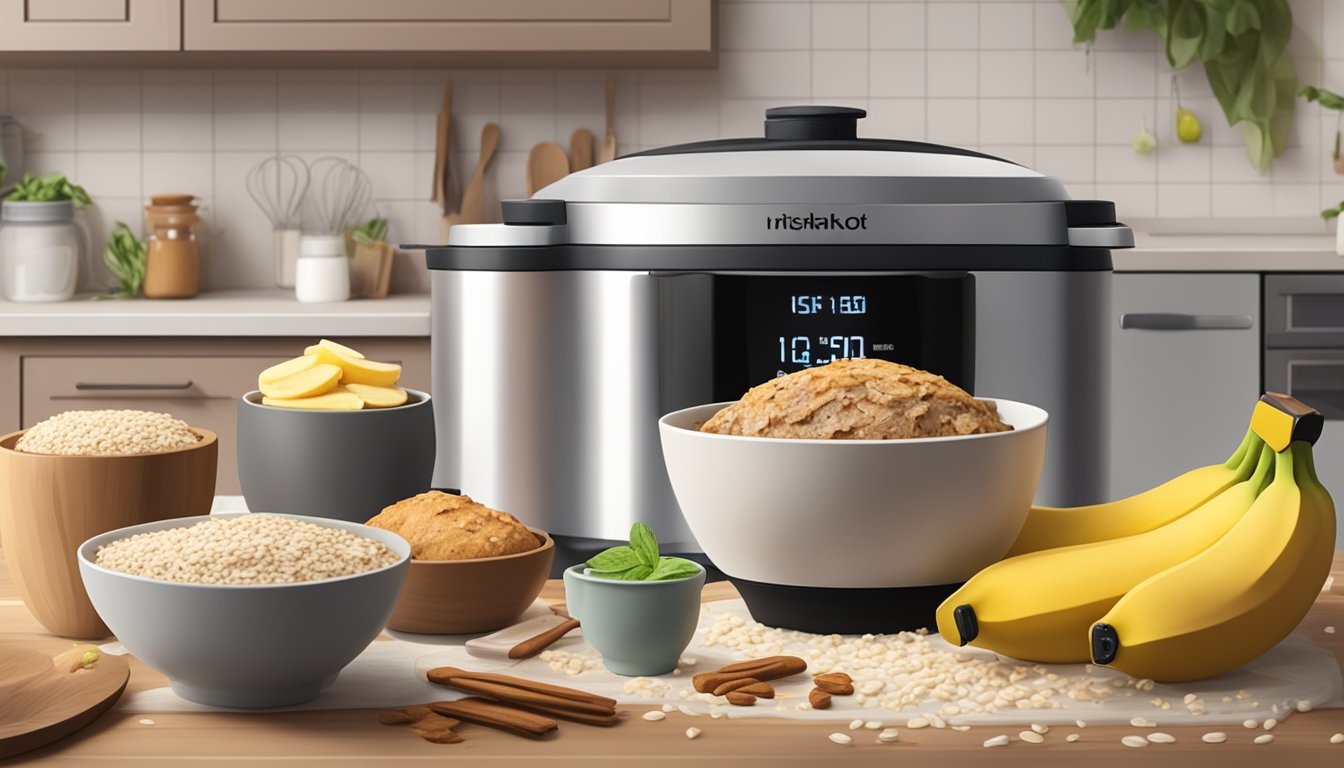 A steaming bowl of banana bread oatmeal surrounded by ingredients and an instant pot, with a cozy kitchen in the background