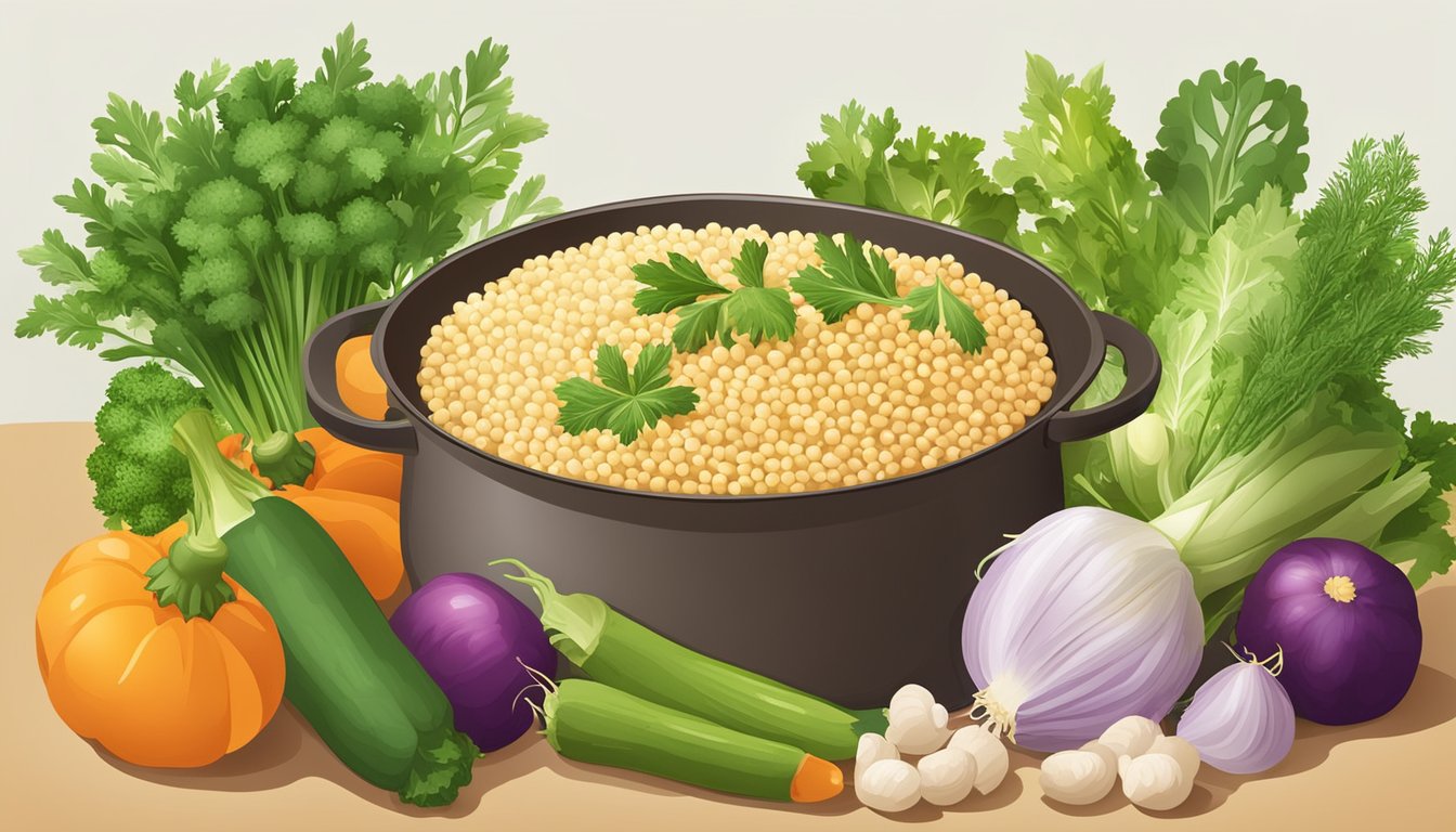 A pot of cooked Israeli couscous surrounded by fresh vegetables and herbs