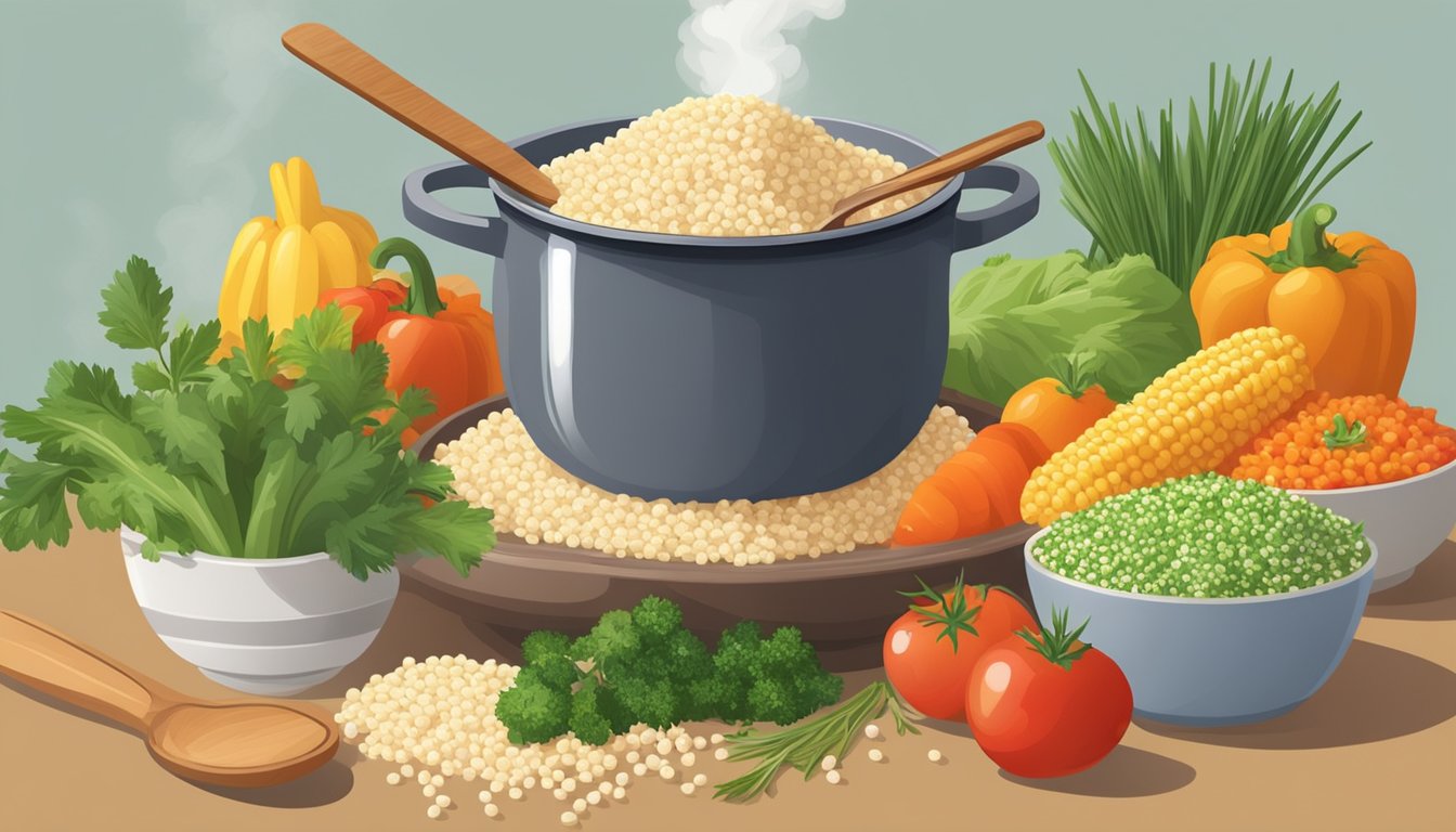 A steaming pot of Israeli couscous being fluffed with a fork, ready to be served in a decorative bowl with fresh herbs and colorful vegetables