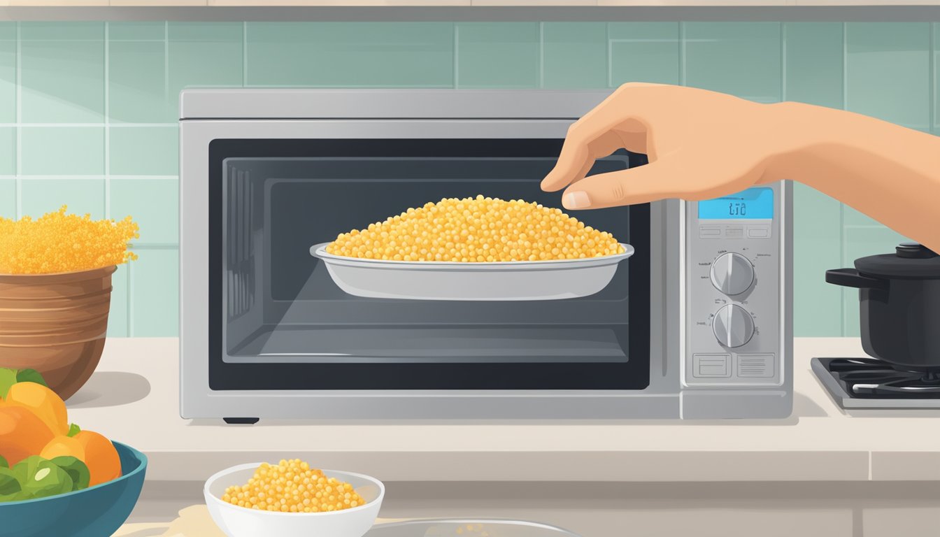 A hand reaching for a container of cooked Israeli couscous, with a microwave and stovetop in the background