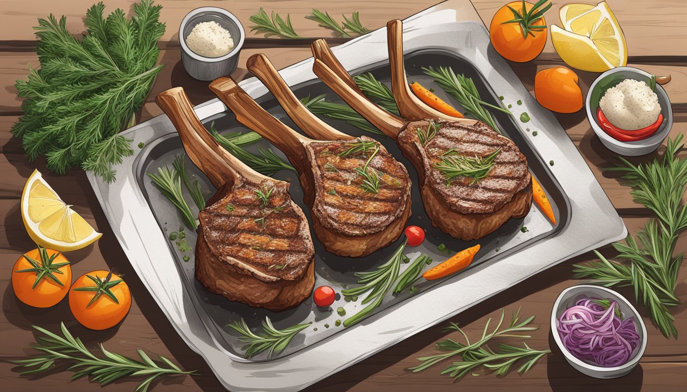 Lamb chops arranged on a baking sheet with seasoning and herbs, surrounded by fresh vegetables and a sprig of rosemary