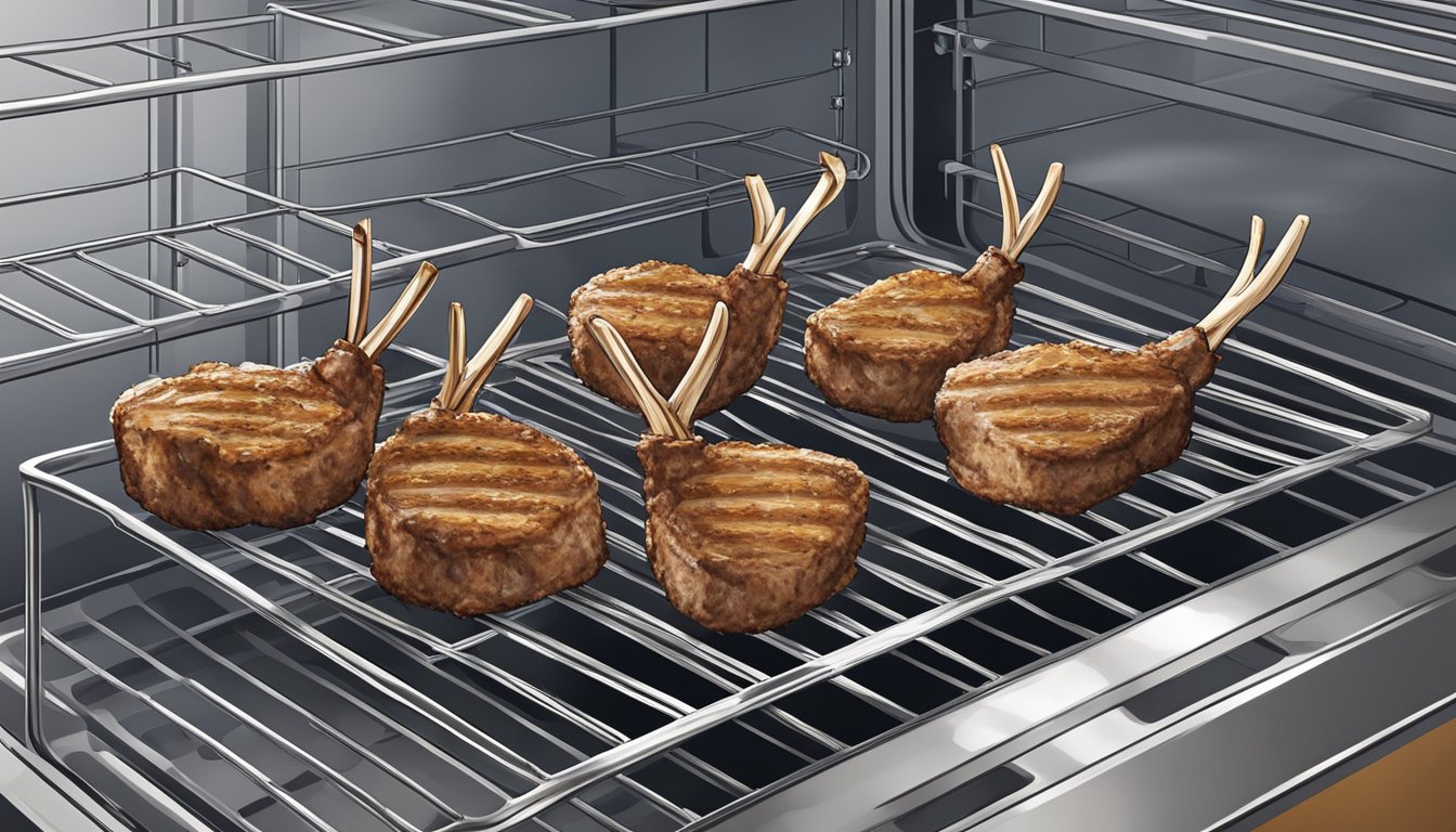 A pair of lamb chops placed on a wire rack inside a preheated oven, with a thermometer inserted to ensure safe cooking temperature