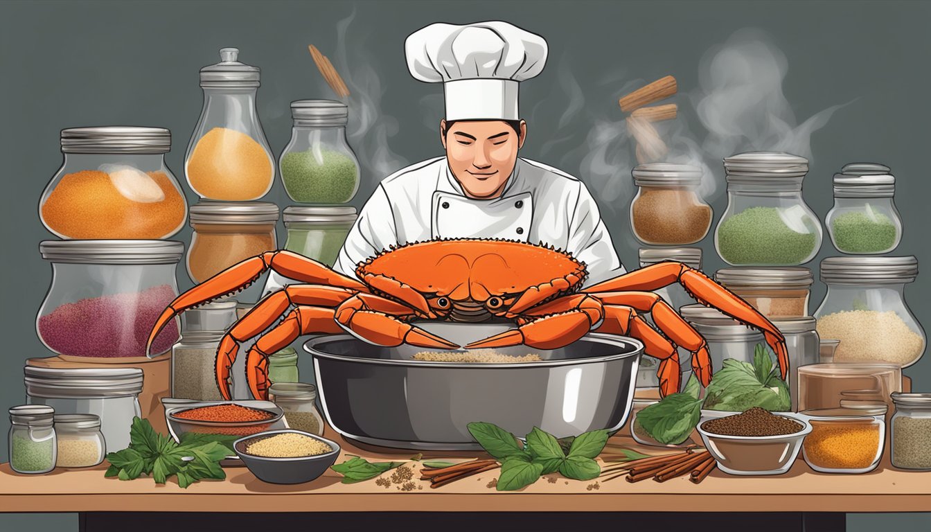 A chef sprinkles seasonings on a pile of king crab legs, surrounded by jars of various spices and herbs. Steam rises from a pot on the stove