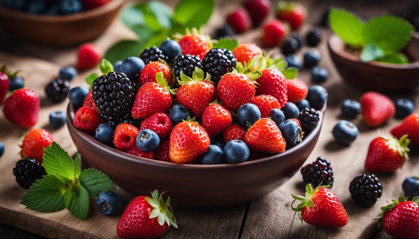 A bowl filled with vibrant strawberries, blueberries, raspberries, and blackberries, showcasing their blood sugar-lowering properties