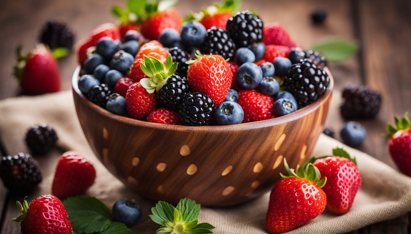 A bowl filled with vibrant strawberries, blueberries, raspberries, and blackberries, showcasing their low glycemic index and blood sugar-lowering properties