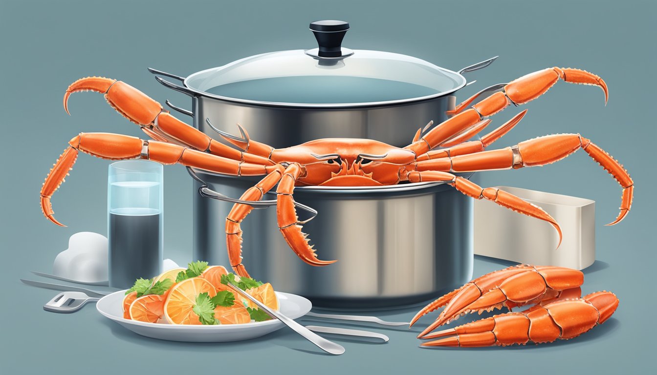 A kitchen counter with a pot of boiling water and a plate of cooked king crab legs next to a set of tongs and a storage container