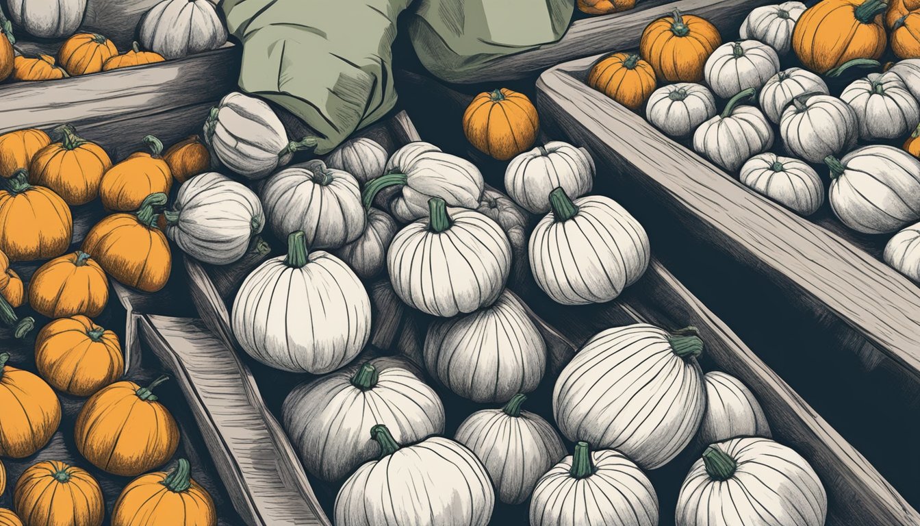 A hand reaching for a perfect kabocha squash among a pile of various squash in a market display