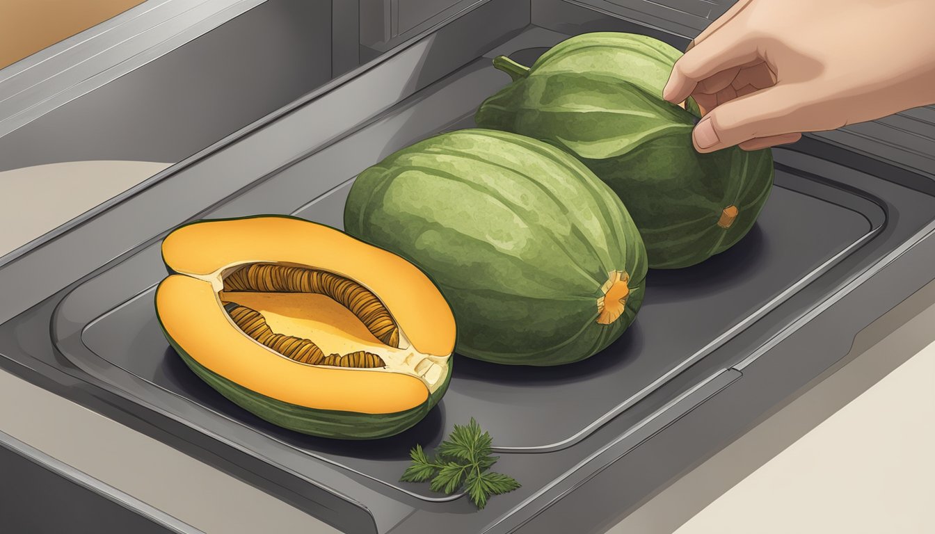 A kabocha squash being sliced open and seasoned with herbs and spices before being placed in the oven