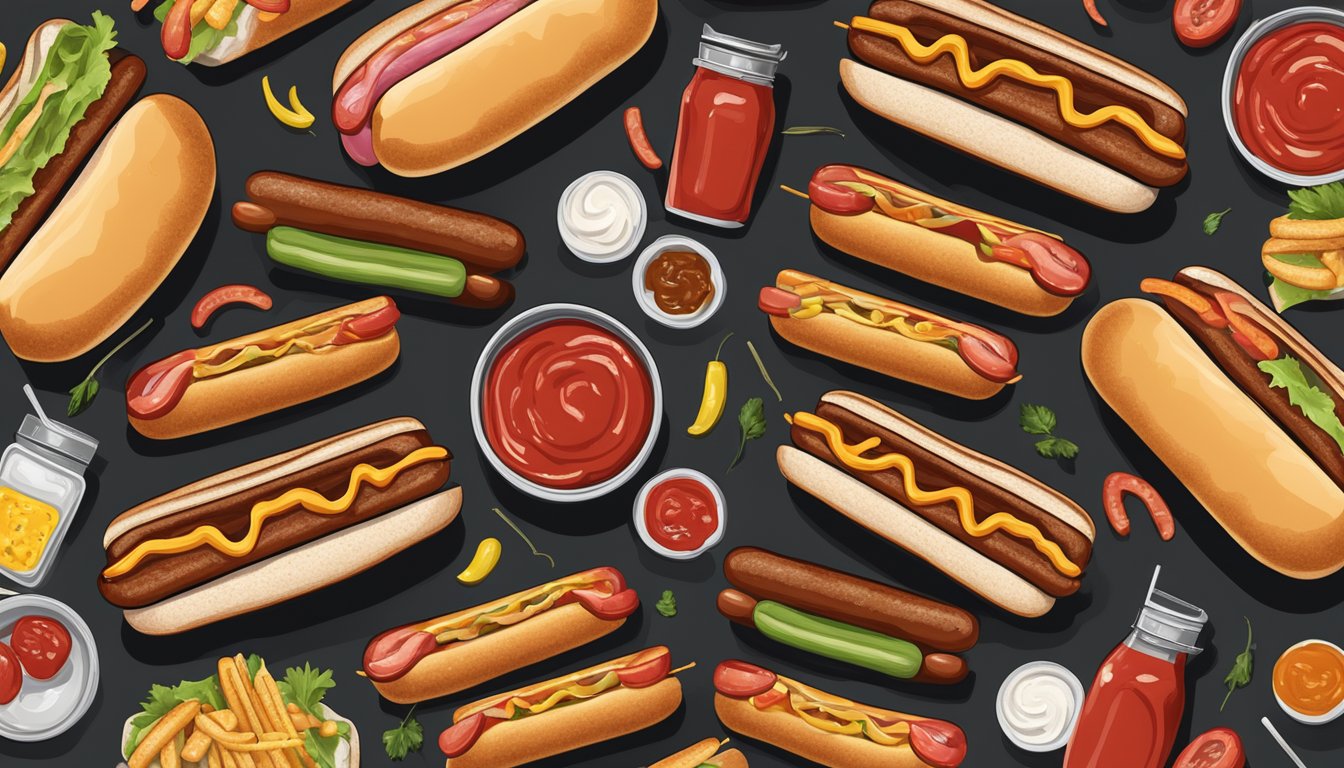 A grill sizzling with hot dogs, surrounded by buns, ketchup, mustard, and relish