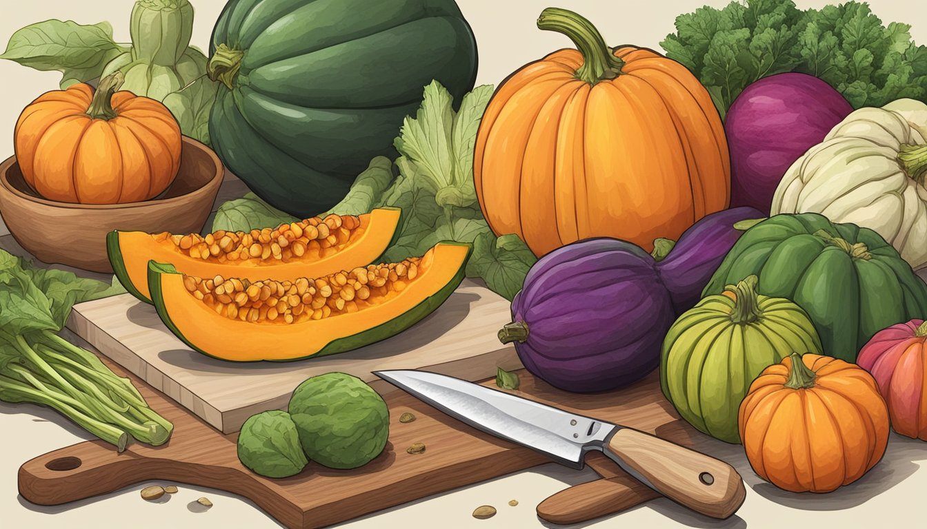 A colorful assortment of fresh kabocha squash, surrounded by various fruits and vegetables, with a cutting board and knife nearby