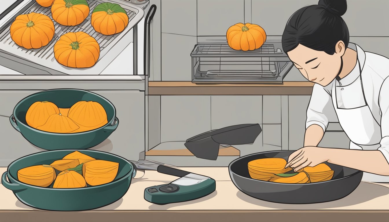 A kabocha squash being sliced and seasoned, a timer set on the oven, and a person checking the squash for doneness