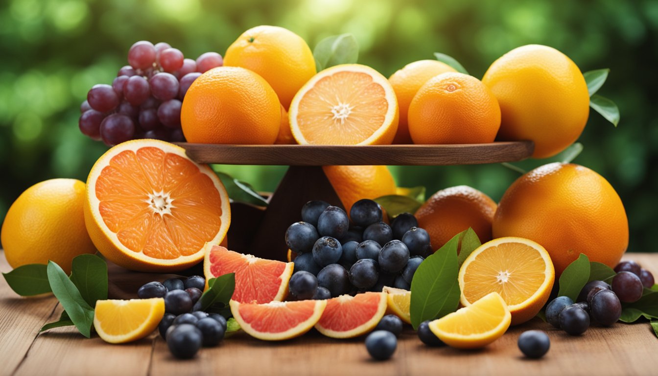 A vibrant display of oranges, grapefruits, and lemons on a wooden table highlights their vitamin C and blood sugar benefits