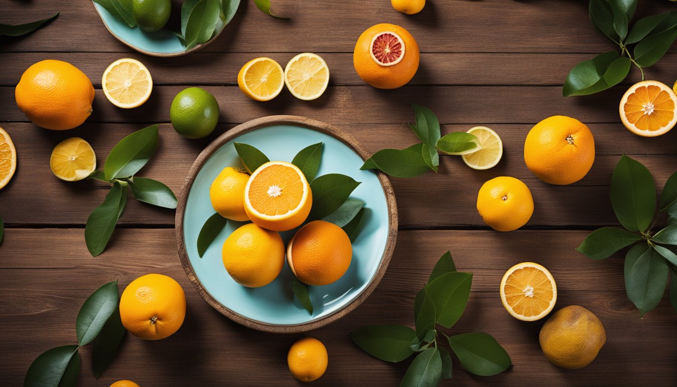 A rustic wooden table displays vibrant citrus fruits, highlighting their vitamin C and blood sugar benefits