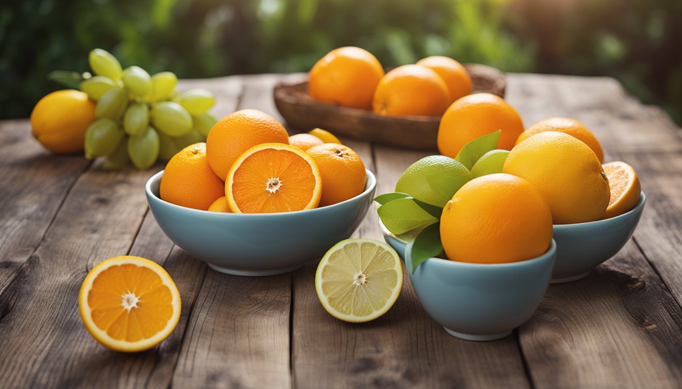 A vibrant display of oranges, grapefruits, and lemons on a weathered wooden table, highlighting their vitamin C and blood sugar benefits