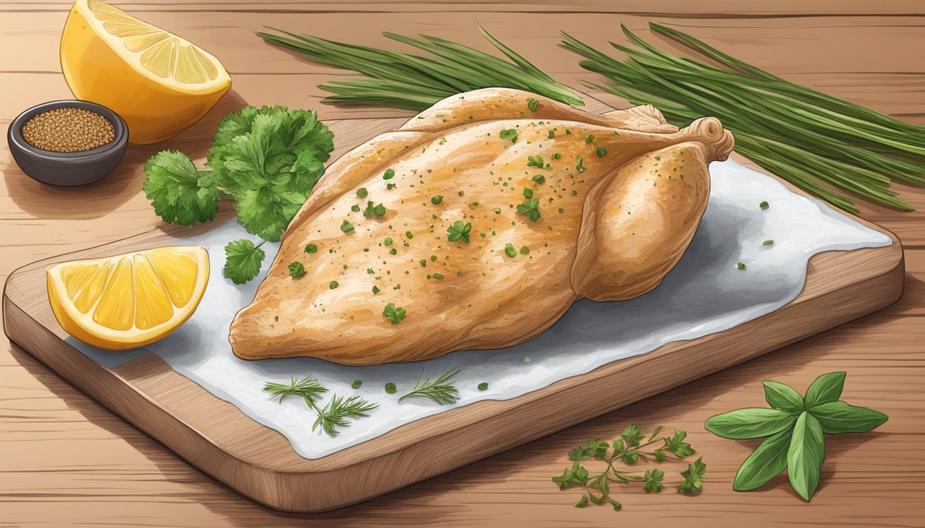 A frozen chicken breast being seasoned with herbs and spices on a cutting board