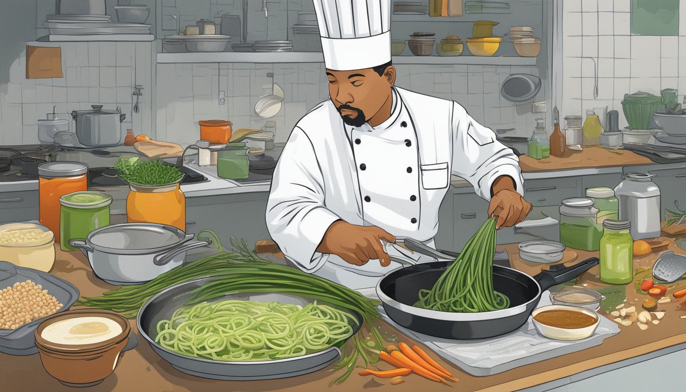 A chef sautéing garlic scapes in a sizzling pan, surrounded by various dressings and sauces on a cluttered kitchen counter