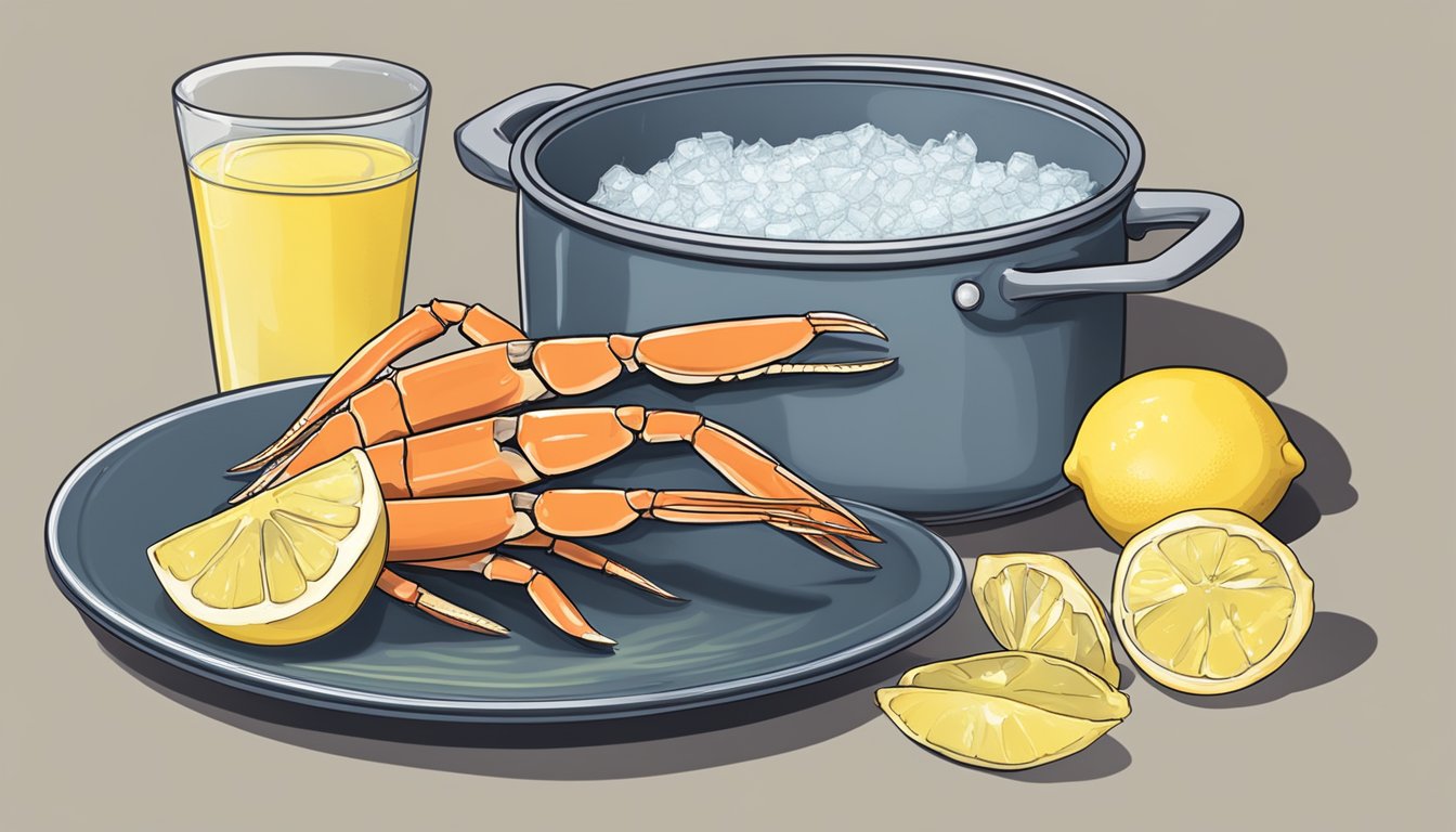 A pot of boiling water with frozen crab legs next to a plate of melted butter and lemon wedges