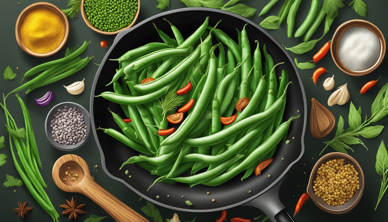 Fresh green beans being tossed in a skillet with various flavorings and seasonings, surrounded by a colorful array of herbs and spices