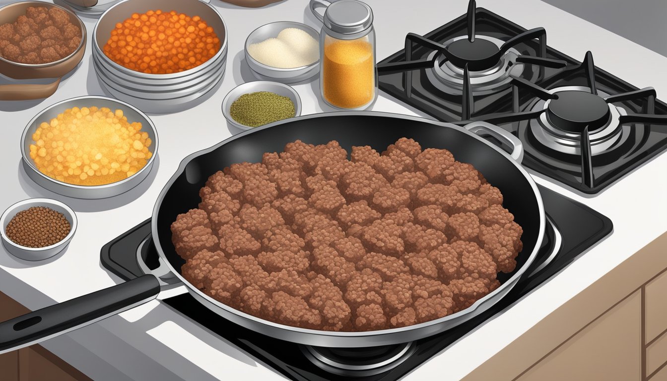 Ground beef being browned in a skillet on a stovetop, with seasonings and spices nearby, and airtight containers for storing cooked meat in the background