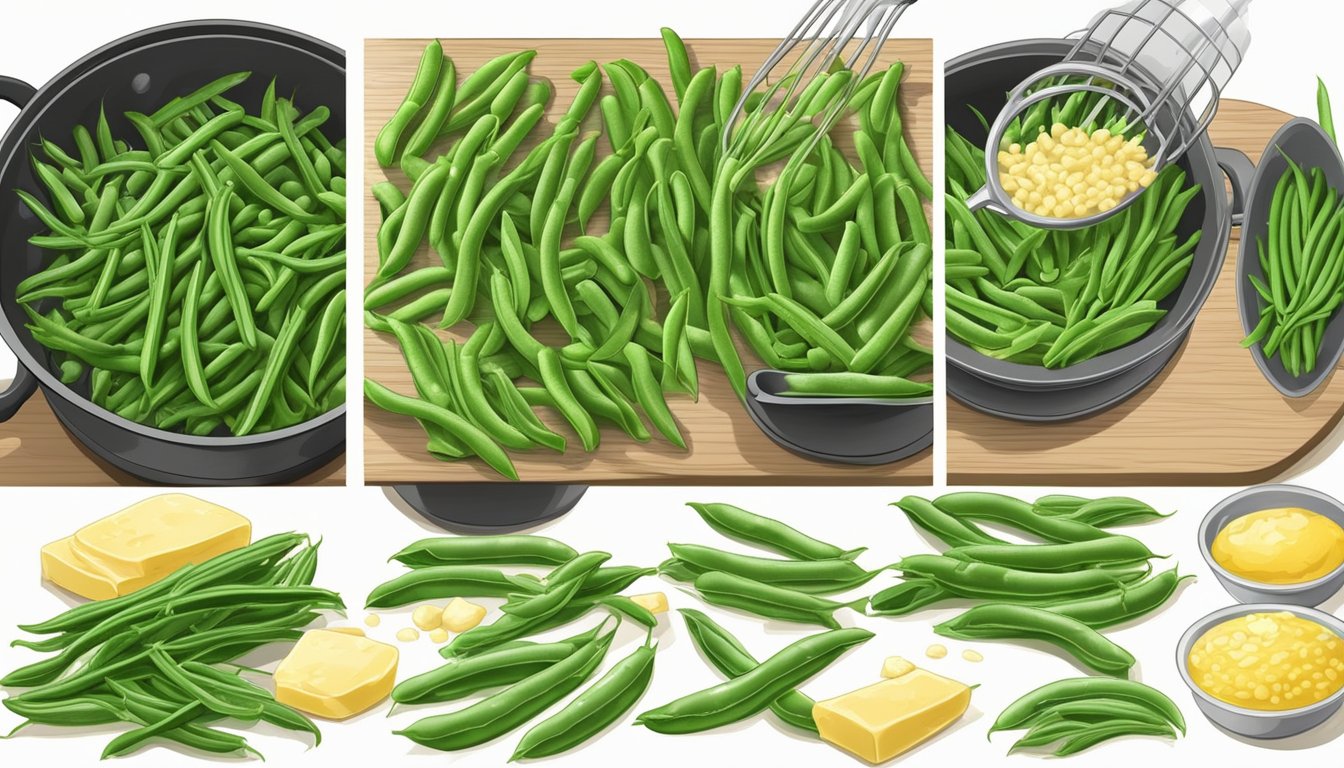 Fresh green beans being washed, trimmed, and placed in a pot of boiling water, then drained and tossed with butter and seasoning