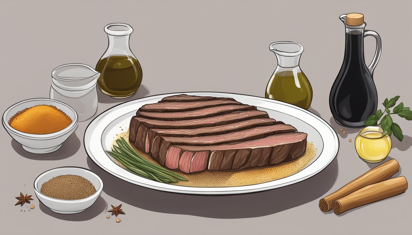 A flank steak sits in a shallow dish, surrounded by a mixture of soy sauce, olive oil, garlic, and spices