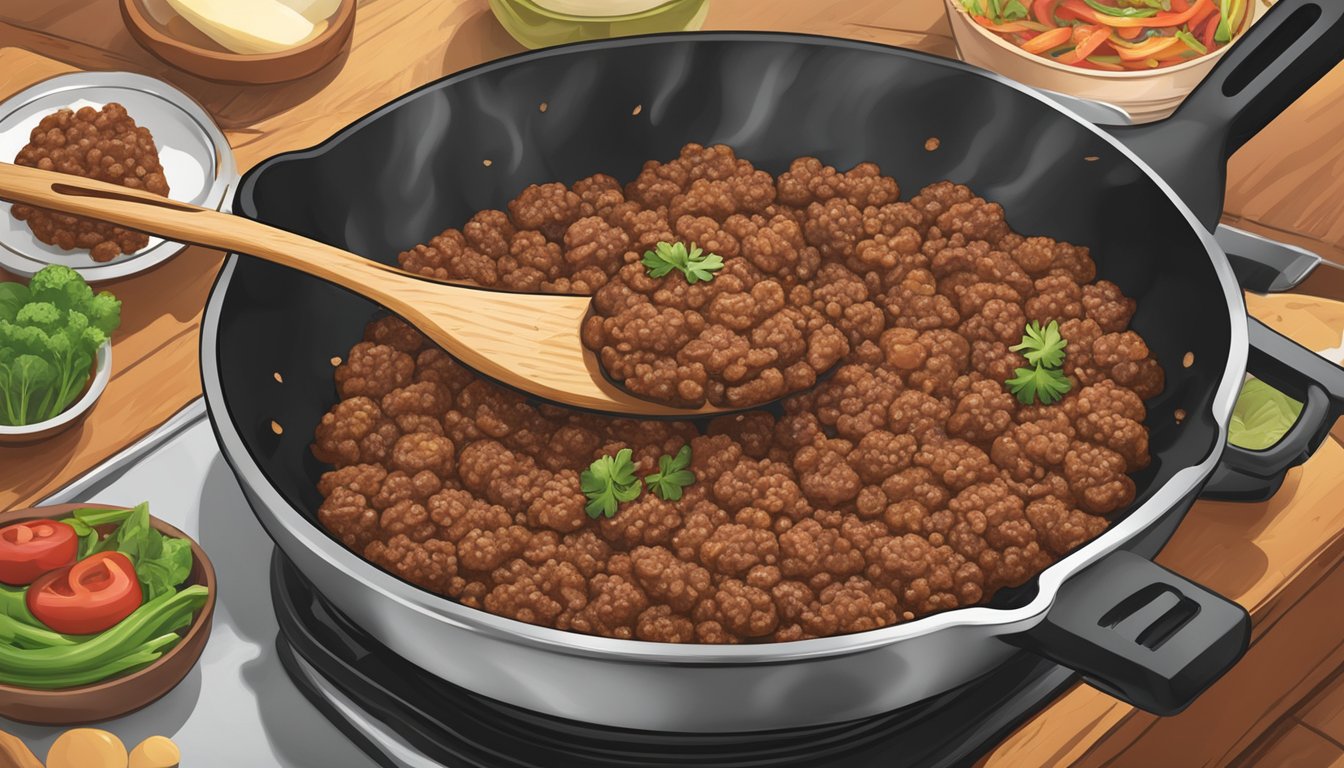 A sizzling skillet with ground beef being stirred and seasoned by a chef