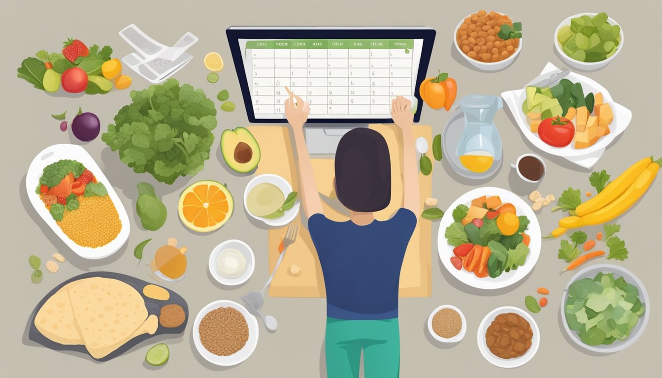 A person preparing a balanced meal with a variety of nutrient-rich foods, surrounded by a calendar and exercise equipment