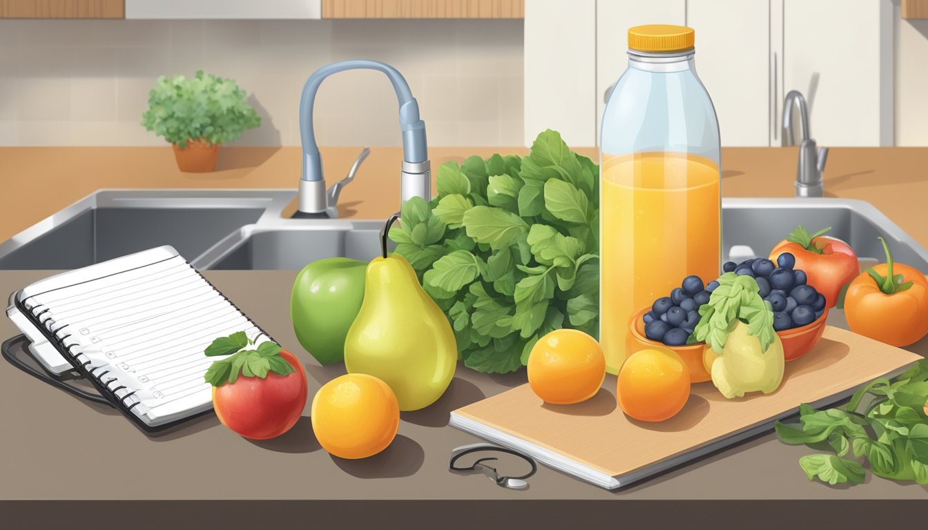 A kitchen counter with a variety of healthy foods and a schedule planner, surrounded by a water bottle and exercise equipment