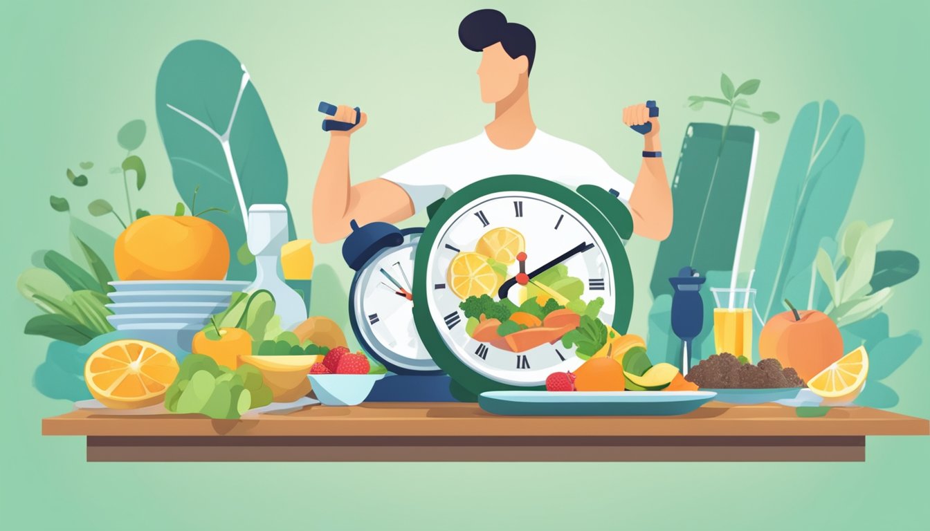 A person preparing a balanced meal with a clock in the background, surrounded by exercise equipment and healthy lifestyle elements