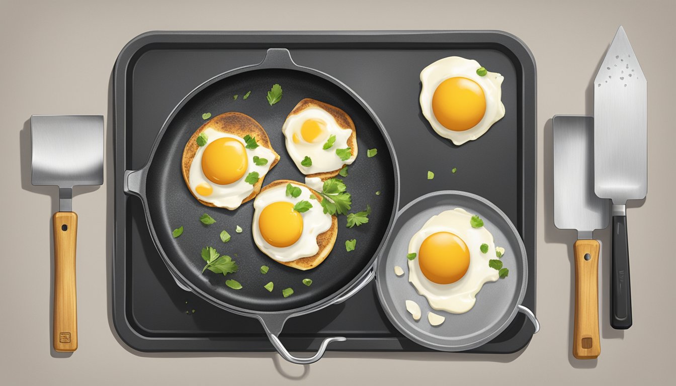 A blackstone griddle with a spatula and eggs cracked and ready to cook