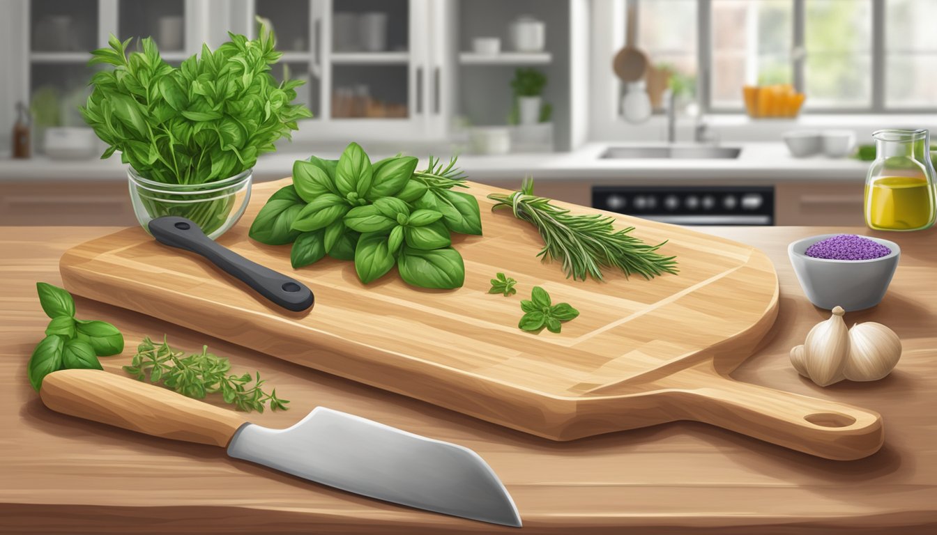 A wooden cutting board with fresh herbs (basil, rosemary, thyme) and a mortar and pestle on a kitchen countertop