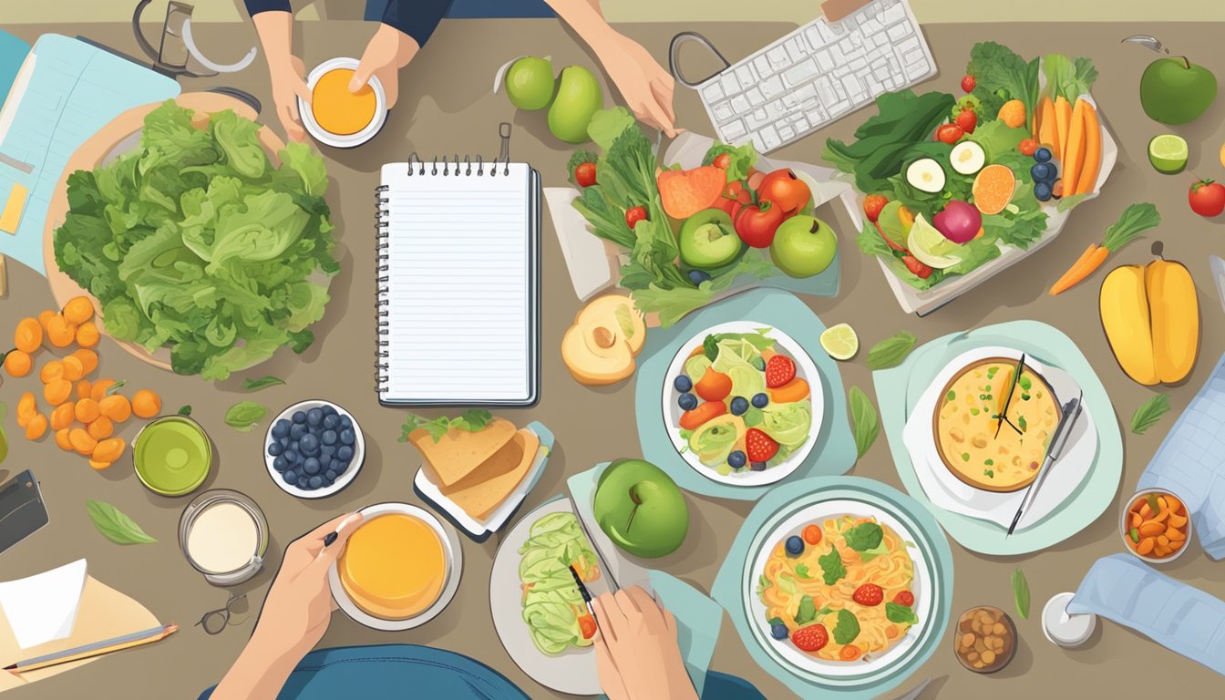 A table with a variety of healthy food options, a clock showing different eating and fasting times, and a person writing in a journal