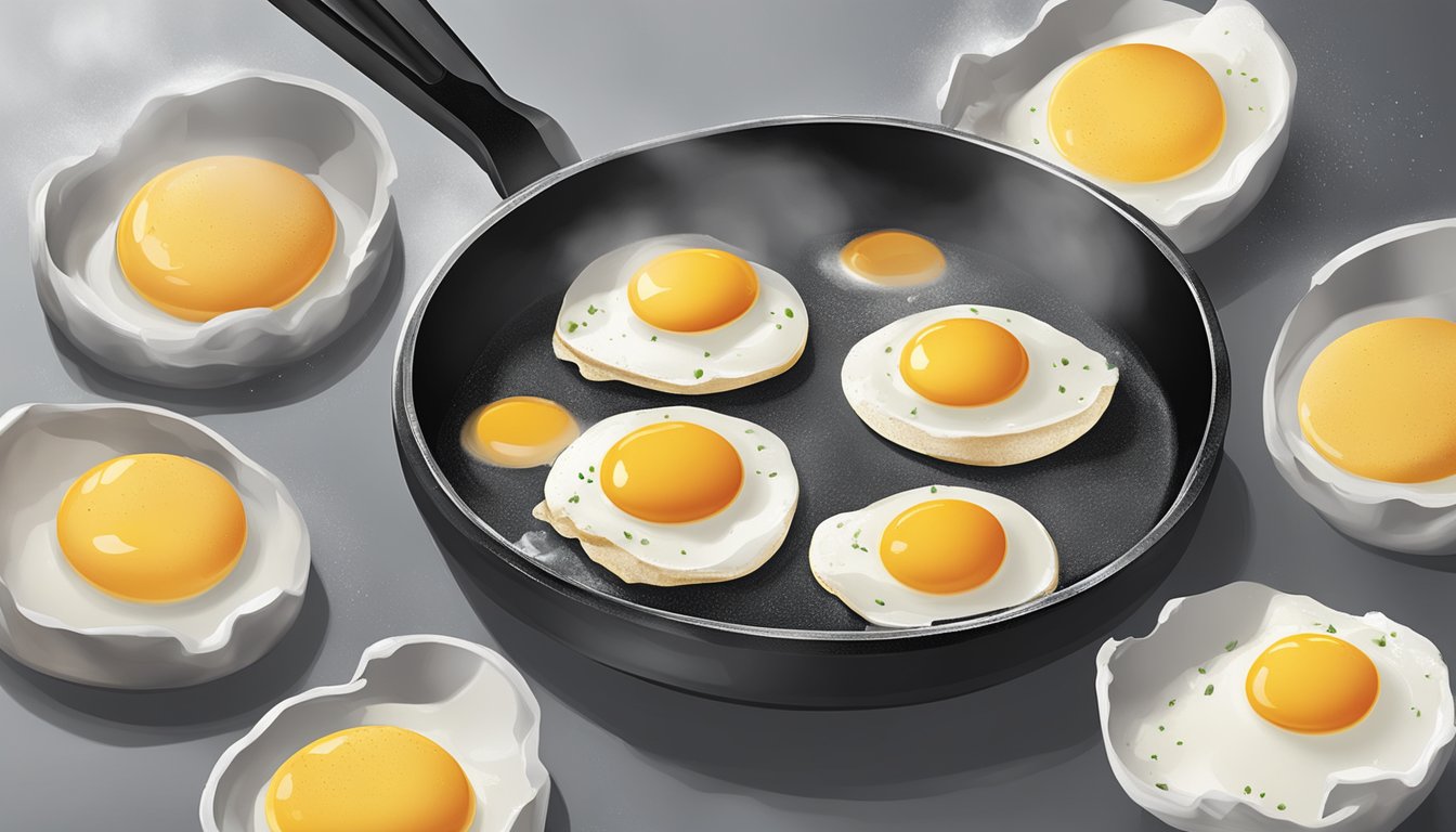 Eggs sizzling on a hot, greased Blackstone griddle, spatula flipping them over as they cook to perfection