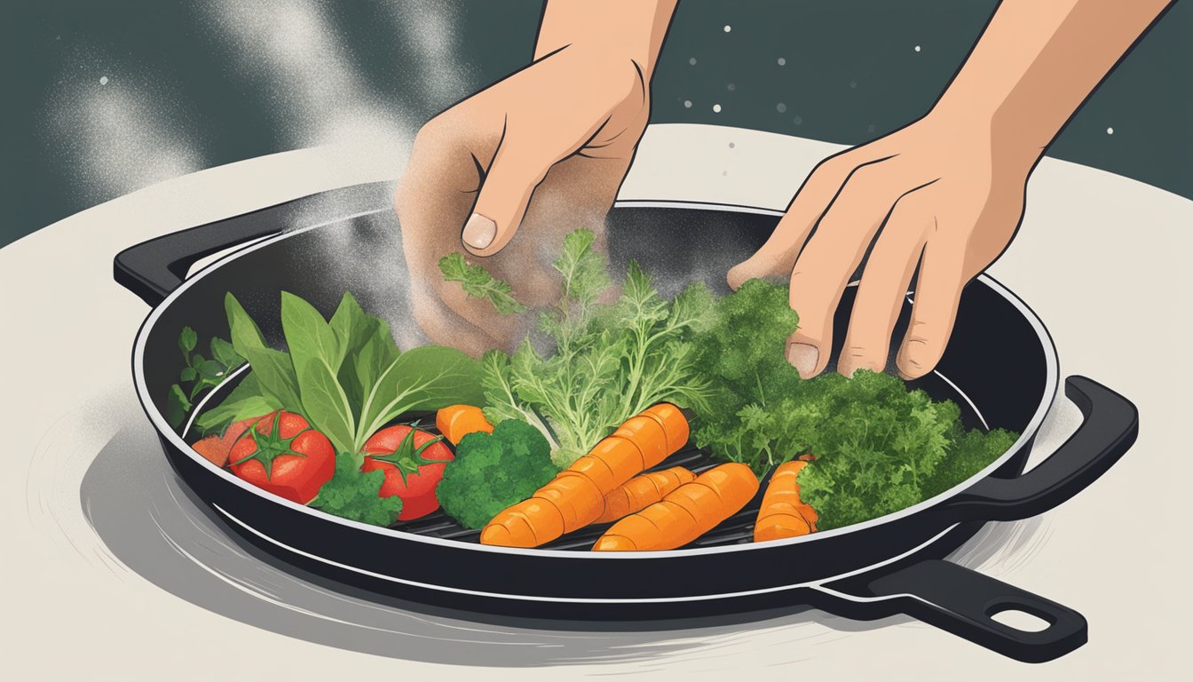 A chef's hand sprinkling fresh herbs onto a sizzling pan of vegetables