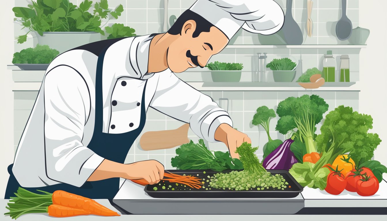 A chef adding fresh herbs to a sizzling pan of vegetables