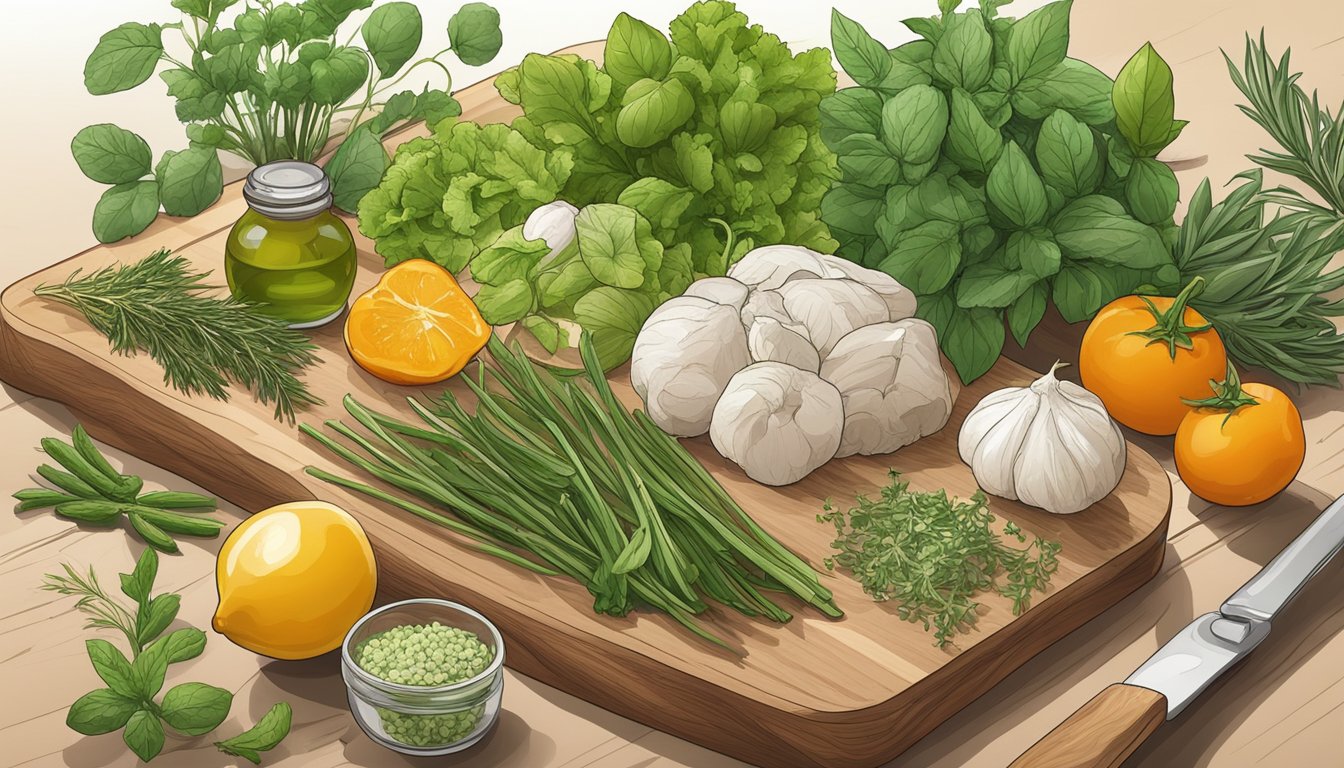 Fresh herbs scattered around a cutting board with various foods, ready to be paired and cooked